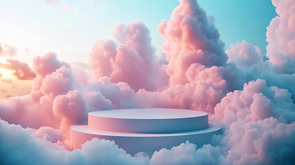 Wall Mural - Cloud background podium blue 3d product sky white display platform render abstract stage pastel scene. Podium stand light minimal cloud background studio dreamy pedestal backdrop smoke geometric.