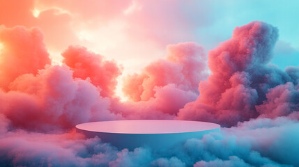 Wall Mural - Cloud background podium blue 3d product sky white display platform render abstract stage pastel scene. Podium stand light minimal cloud background studio dreamy pedestal backdrop smoke geometric.