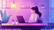 © luck - Cartoon businesswoman sitting at a desk in a cafe, typing on a laptop