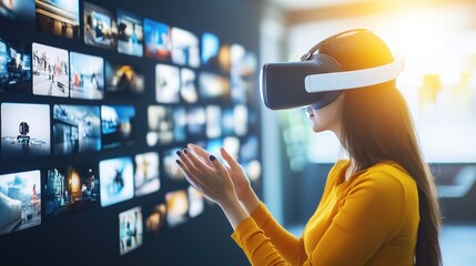 Poster - Woman Wearing VR Headset Interacts with Virtual Reality Display