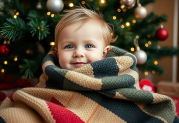 Toddler wrapped in a warm blanket by the Christmas tree a look o