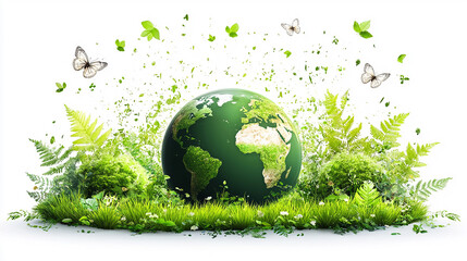 Ecology concept Green planet earth with tress world environment and earth day, Sustainable green Eco friendly creative idea concept design, isolated on white background.