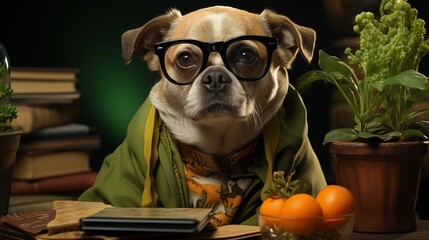 Wall Mural - Funny dog student in glasses on green background with a backpack, books and school supplies