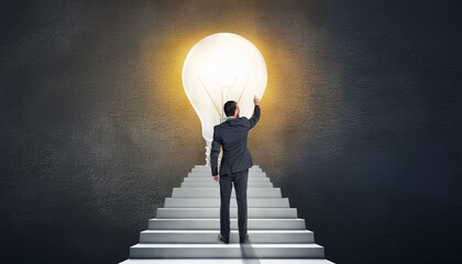 Innovation and idea concept with man in suit back view on the top of white stairway turning on big light bulb on dark concrete background