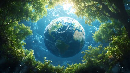 Poster - Conceptual illustration of spherical Earth surrounded by sparkling blue waters emphasizing the theme of safe nature and Earth Day with elements like trees and wildlife blending into the scene
