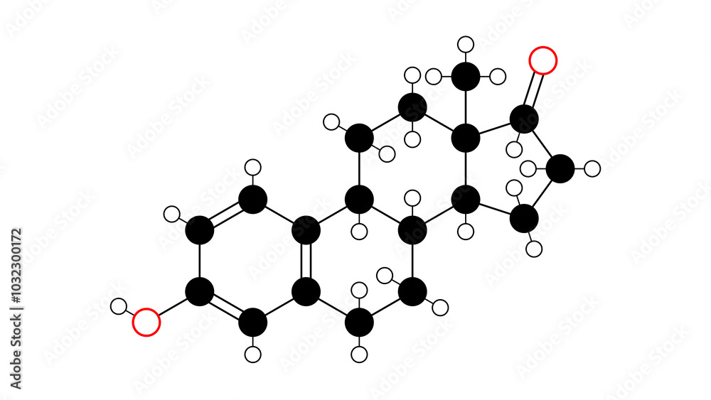 estrone molecule, structural chemical formula, ball-and-stick model ...