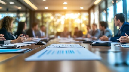 Aufkleber - A group of businesspeople sit around a table in a meeting. Papers and a notepad are on the table in the foreground. The focus is on the papers.