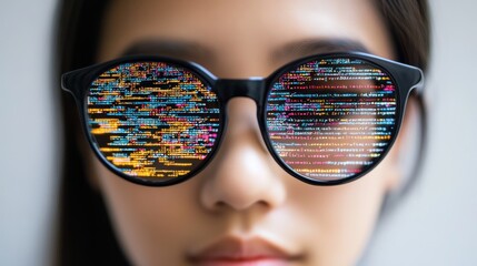Poster - Closeup of a Person Wearing Glasses with Code Reflected in the Lenses