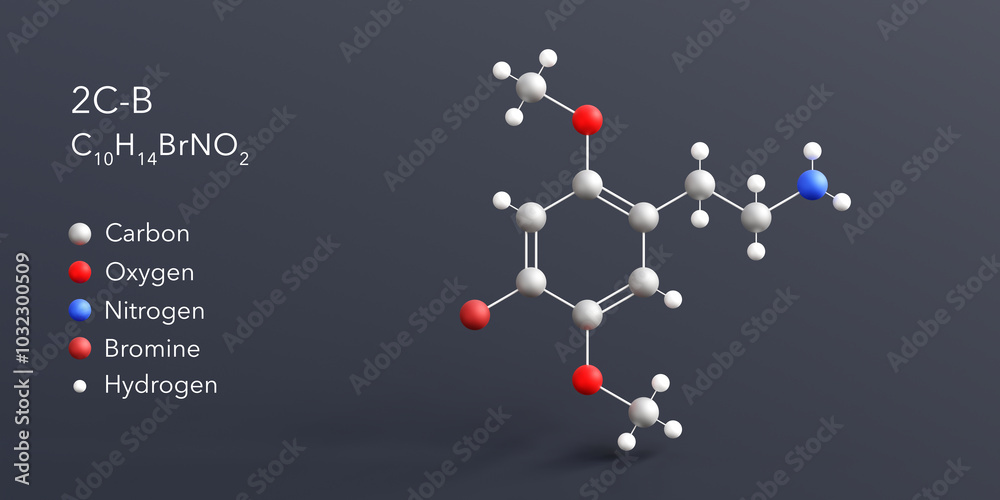 2c-b molecule 3d rendering, flat molecular structure with chemical ...