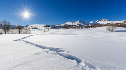 Aufkleber - This winter landscape depicts a field covered with snow in the winter season.