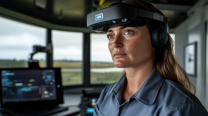 Aufkleber - Woman Wearing a Virtual Reality Headset in an Office Setting
