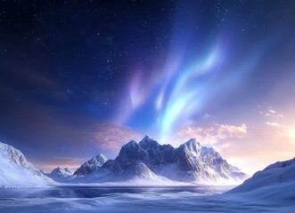 Aufkleber - Snowy mountains and northern lights in Lofoten islands, Norway. Aurora borealis. Starry sky with polar lights. Night winter landscape with aurora, sea.
