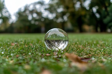 Wall Mural - Crystal globe lying on grass in a forest - close up