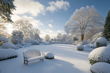 Poster - In a beautiful winter garden, a wooden bench is covered in snow