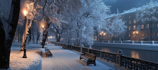 Poster - Winter night landscape of a snow covered bench amid snowy trees and shining lights during a snowfall. Artistic picture. Beauty world. Panorama.