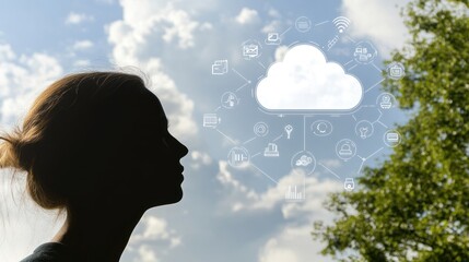 Poster - Silhouette of a Woman Gazing at a Cloud Representing a Network of Digital Icons