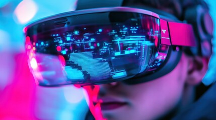 Poster - Person Wearing VR Headset with Neon Lights and Digital Data Display