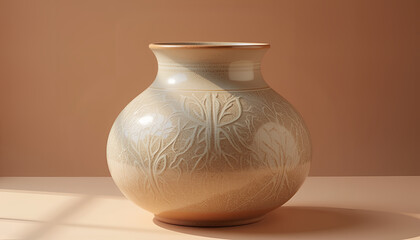 Wall Mural - ceramic vase with intricate textures and interlocking leaf patterns in earthy tones, enhanced by war