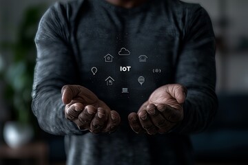 Leinwandbilder - An image of a businessman holding a block diagram of the internet of things is shown.