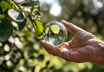 Aufkleber - A green tree globe is protected by hands on a tropical summer background, a concept associated with Ecology and Environment