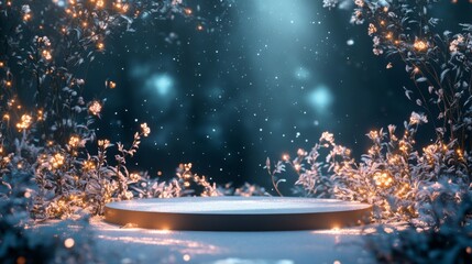 Poster - A tranquil platform sits in the center of a snowy landscape, surrounded by illuminated flowers and soft snowfall.