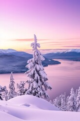Poster - Seymour Mountain, North Vancouver, British Columbia, Canada, has a beautiful winter landscape covered in fresh white snow during the vibrant and colorful sunset.