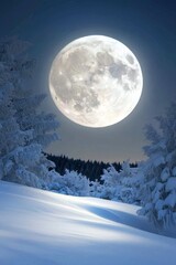 Aufkleber - Misty forest on a full moon night with trees covered in hoarfrost.