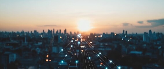 Fototapete - In this business and technology modern telecommunication wireless digital network access control, information internet graphical icon hologram, copy space banner communication city sky sunset