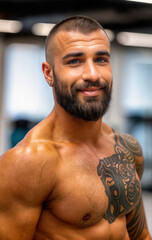 Wall Mural - a man with a beard and tattoos, posing in a gym with his muscles flexed.