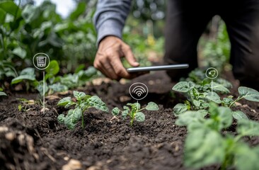 Poster - In agriculture technology, a farmer pulls out a tablet device or laptop computer to examine data on agricultural problems and display a visual icon. Smart farming.