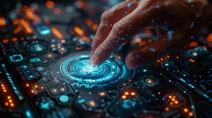 Poster - A hand interacts with a futuristic, glowing, high-tech interface.
