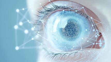 Poster - An optical eye lens. Polygonal design of interconnected lines and dots. Blue background. , free space, realistic photography