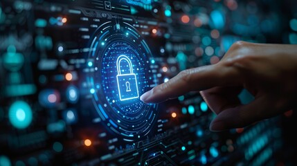 Fototapete - A hand reaches out to touch a glowing blue padlock icon on a digital screen, representing cybersecurity and data protection.