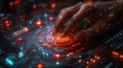 Poster - A hand with glowing digital particles interacts with a futuristic technology interface.