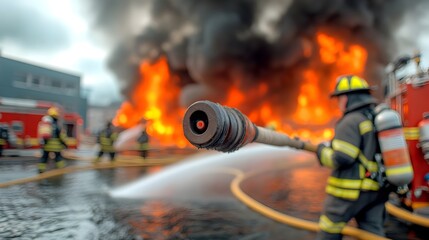 A squad of valiant firefighters expertly maneuvering high powered water hoses to douse an out of control oil fire their faces determined as they risk their safety to protect lives and property