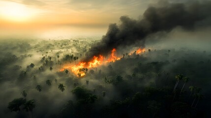 Raging wildfire consuming a vibrant rainforest ecosystem with roaring orange flames rapidly spreading through the undergrowth dense black smoke blotting out the sun