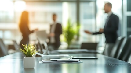 Aufkleber - A potted plant sits on a conference table in a modern office, with three businesspeople blurred in the background.