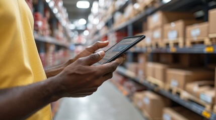 Aufkleber - Concept of smart warehouse with inventory management system. Manager using tablet to control warehouse software.