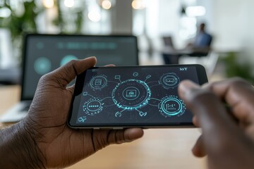 Aufkleber - Smart business IOT concept. Businessman uses laptop with IOT icon to access AI stock and business analysis on the internet.