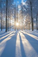 Canvas Print - A beautiful winter landscape with snowcapped trees under bright sunlight in a frosty morning. Beautiful natural scenery in winter mountain valley. Great for backgrounds. Fits any type of project.