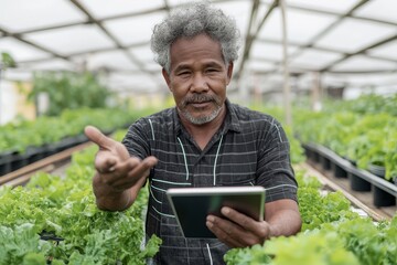 Poster - Technology concept for a smart farm system that uses innovative technology. A young man is working on a farm with a tablet controller.