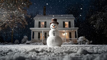 Aufkleber - In this image, a snowman with a hat and scarf stands in front of a house in a snowy landscape surrounded by a house.