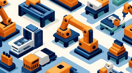 Aufkleber - Cutting Edge Automated Manufacturing Facility with Robotic Machinery in Futuristic Isometric Rendering  High tech factory production line with advanced automation digital control panels