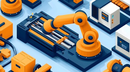 Aufkleber - Isometric rendering of a modern high tech manufacturing factory featuring advanced automation robotics and automated machinery for efficient industrial production and assembly