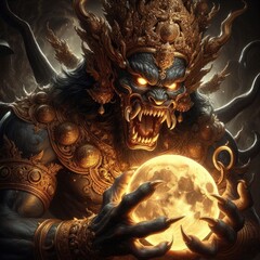 A powerful and fierce depiction of Rahu, the celestial deity, preparing to devour the full moon. Rahu’s face is adorned with intricate golden details and a towering crown, his expression menacing wit.