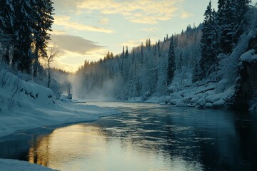 Aufkleber - With a snow-covered forest and a river in the background, this scene is beautiful in the winter