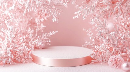 Fototapete - A pink and white display with a round, white platform is surrounded by delicate, light pink branches with white snowflake accents. There are a few white, sparkly ornaments in the background.