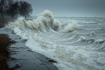 Poster - Powerful waves crash onto the shore during a stormy day