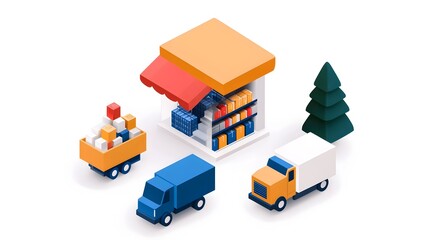 Aufkleber - Detailed isometric graphic of an online ecommerce store platform featuring product displays shopping carts and delivery trucks for efficient digital shopping and logistics