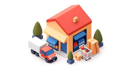 Aufkleber - Isometric graphic showcasing an optimized online store platform with detailed product displays interactive shopping carts and delivery trucks for efficient e commerce and logistics